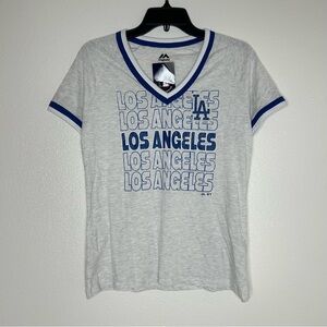 New MAJESTIC Womens Los Angeles Dodgers V-Neck Oatmeal & Blue T-Shirt Size S NWT